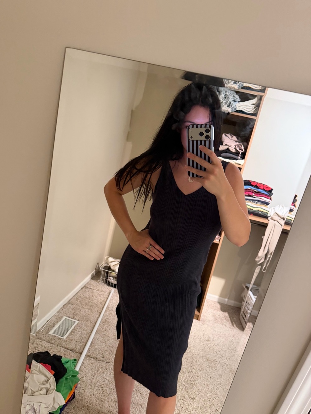 Mod Ref Black Ribbed V-Neck Maxi Dress with Side Slit